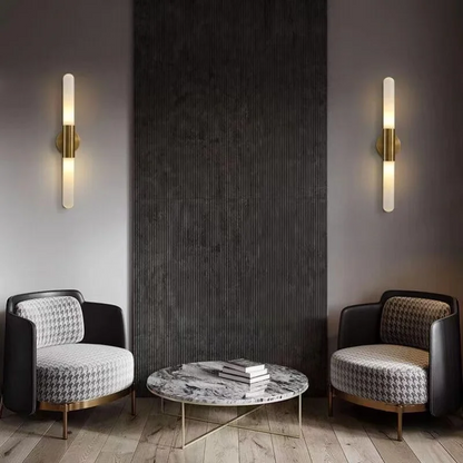 LuxRoyale Modern Brass LED Wall Sconce with Frosted Glass Rod for Bedroom & Living Room