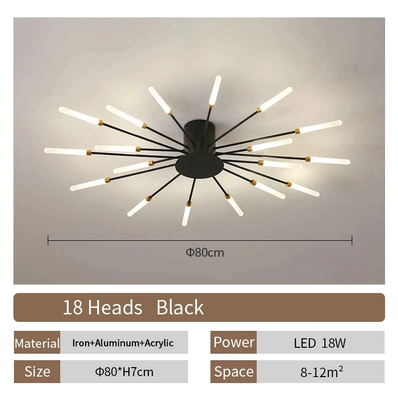 LuxRoyale Modern Sputnik LED Ceiling Light - Minimalist Black & Gold Radial Fixture