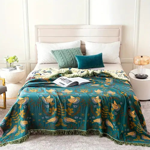 Lumora Reversible Cotton Throw Blanket with Bird Design - Cozy, Versatile for Every Season