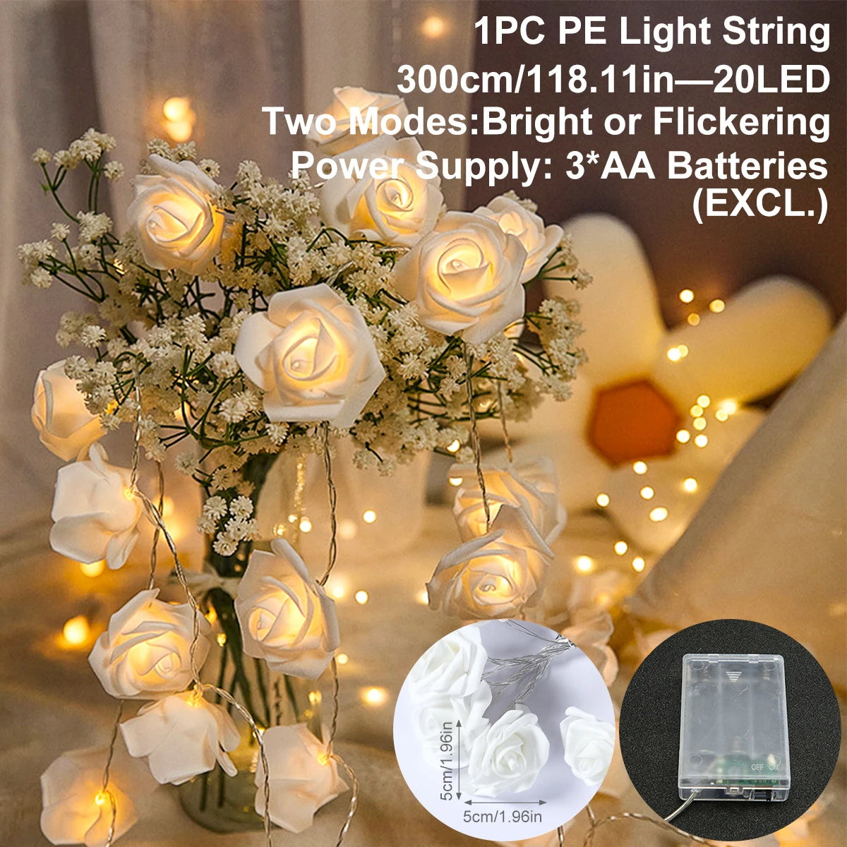 2m 10LED Rose Flowe LED String Lights Garland Wedding Birthday Decor Valentine's Day Gift Christmas Tree Decor for Home Outdoor 10