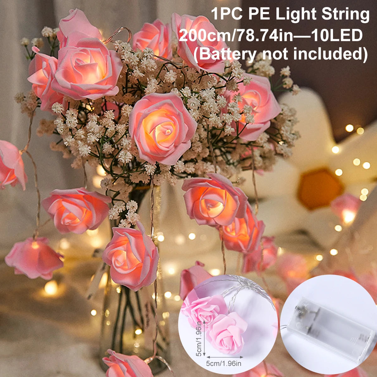 2m 10LED Rose Flowe LED String Lights Garland Wedding Birthday Decor Valentine's Day Gift Christmas Tree Decor for Home Outdoor 6