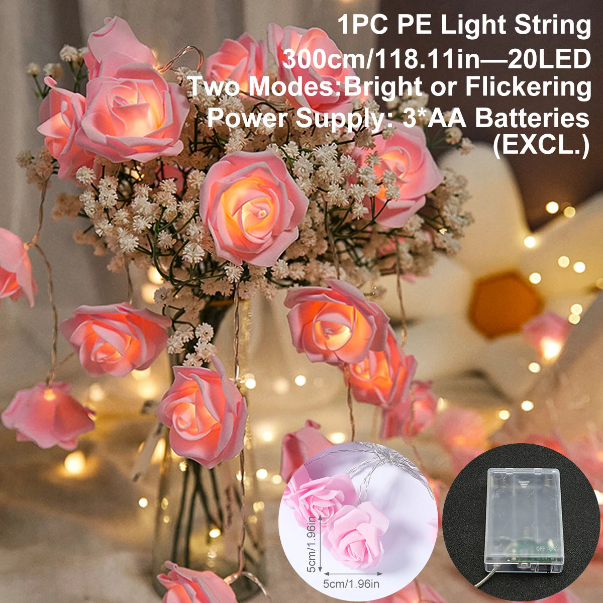 2m 10LED Rose Flowe LED String Lights Garland Wedding Birthday Decor Valentine's Day Gift Christmas Tree Decor for Home Outdoor 8