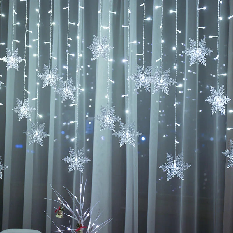 Christmas snowflakes LED string lights, 3.2M waterproof curtain fairy lights for festive home, holiday, and party decorations.