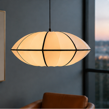 LuxRoyale Mid-Century Modern Oval Pendant Light with Black Trim & Fabric Shade