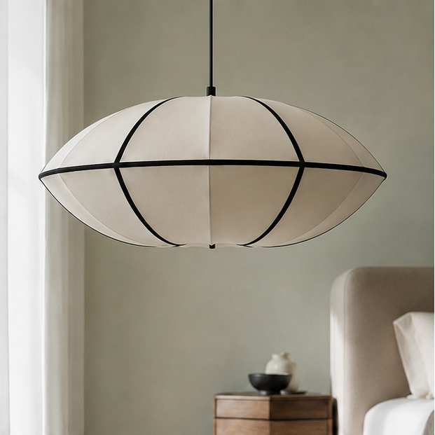 LuxRoyale Mid-Century Modern Oval Pendant Light with Black Trim & Fabric Shade