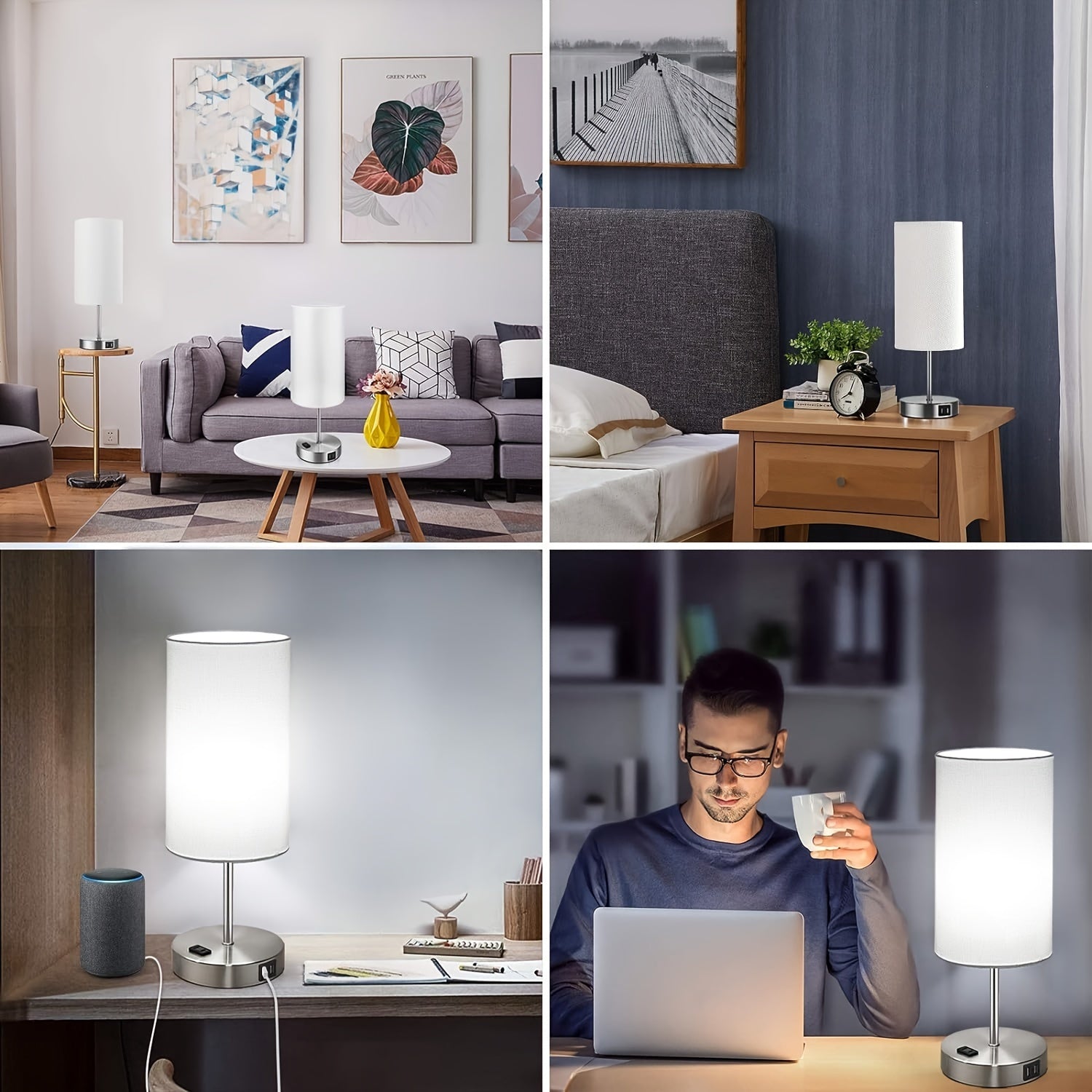 Bed Side Charging Lamp - Touch Control, USB Charging & AC Outlet, Dimmable - Silvery