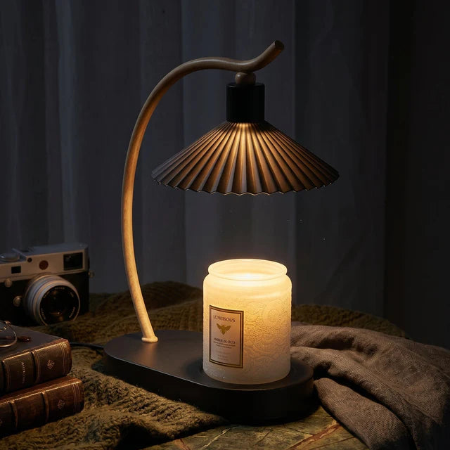 LuxRoyale Dimmable Candle Warmer Lamp with Timer, Wood Base & Pleated Shade