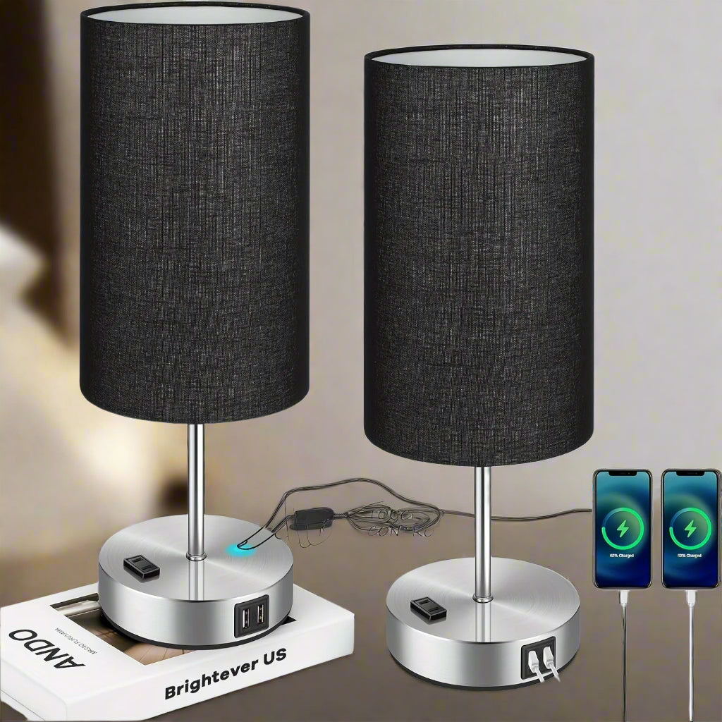 Bed Side Charging Lamp - Touch Control, USB Charging & AC Outlet, Dimmable - Black