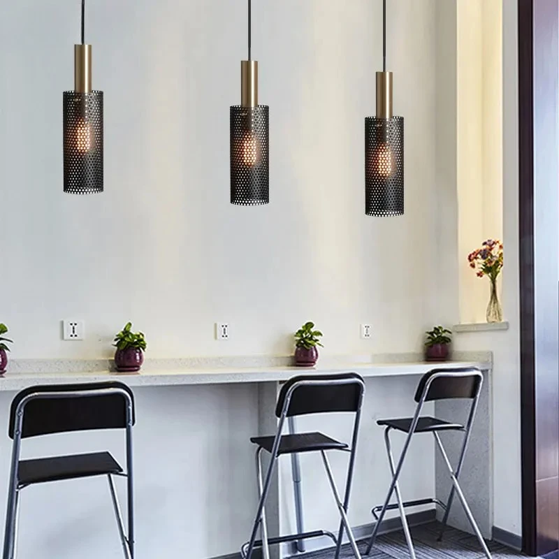 LuxRoyale Bedroom Pendant Light: Cylindrical Black Shade with Decorative Hollow Mesh, Adjustable Height