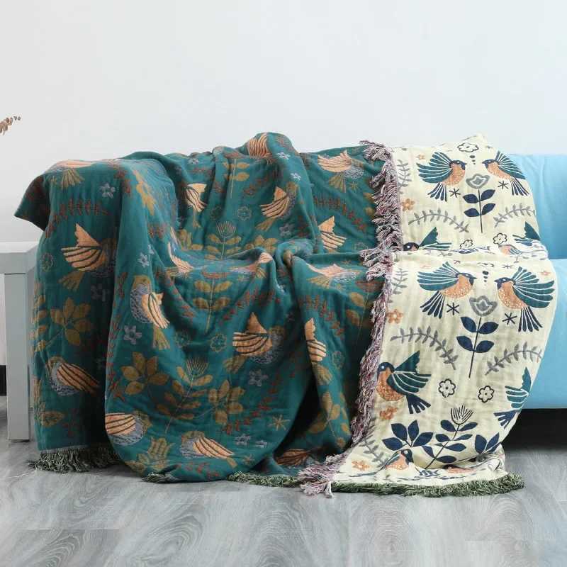Lumora Reversible Cotton Throw Blanket with Bird Design - Cozy, Versatile for Every Season