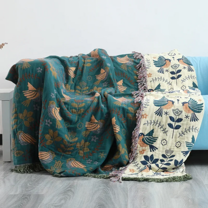 Lumora Reversible Cotton Throw Blanket with Bird Design - Cozy, Versatile for Every Season