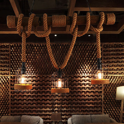Royaleva Retro Hanging Lamp with Hemp Rope, Bamboo & Iron Cage Design