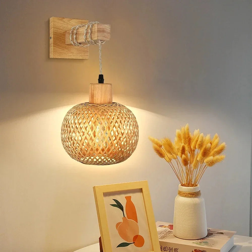 Royelux Elegant Handwoven Rattan Wood Wall Sconce with Warm Glow