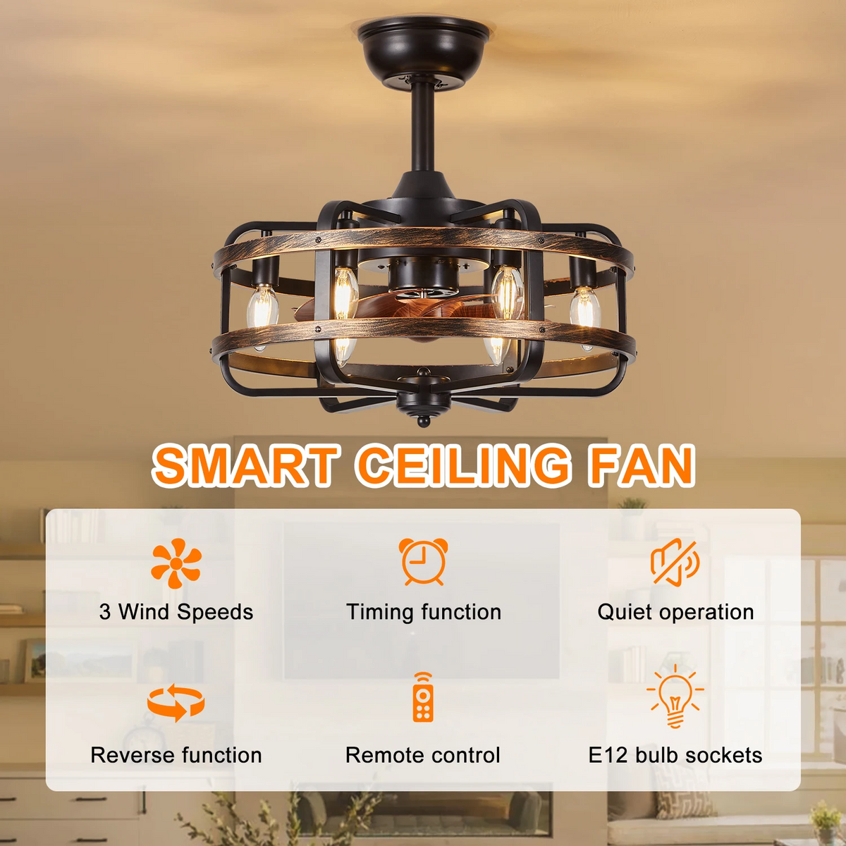Royelux Industrial Flush Mount Ceiling Fan With Lights And Remote Control - Rustic Walnut Finish