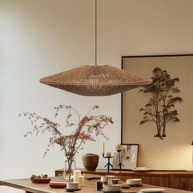 RoyaleGlow Handwoven Jute Rope Pendant Light Fixture, Boho Chic Disc Style