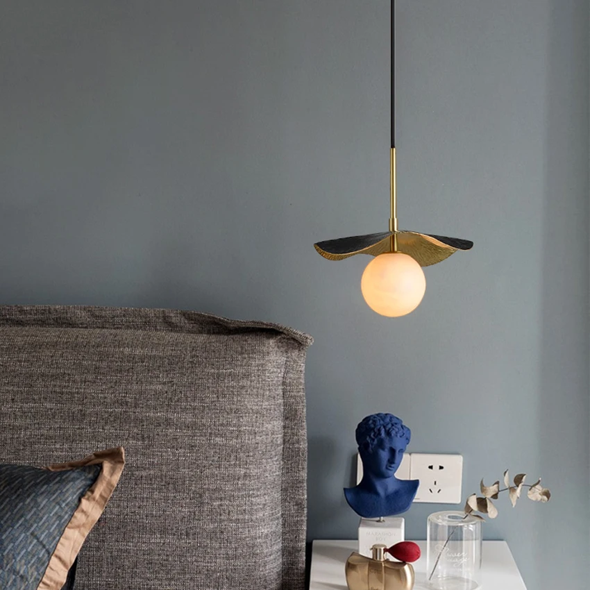 LuxRoyale Modern Alabaster Pendant Light - Copper Leaf Hanging Lamp Fixture