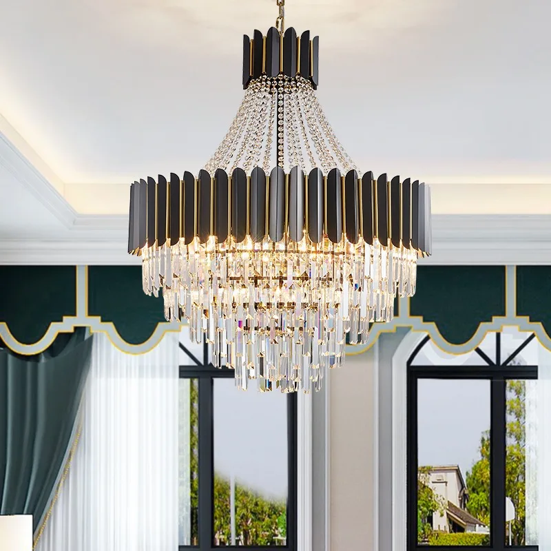 LuxRoyale Modern Black & Gold Crystal Chandelier for Dining Living Room