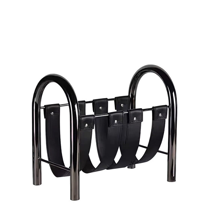RoyaleGlow Modern Black Leather Magazine Holder with Metal Frame Storage Rack