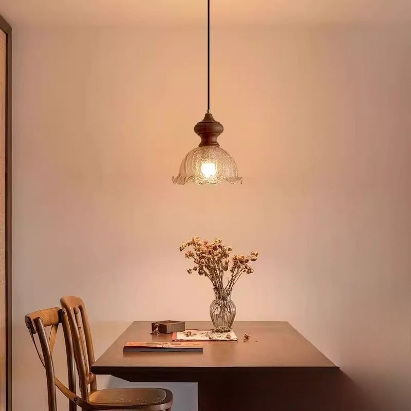 RoyaleGlow Vintage Rippled Glass Pendant Light with Brass & Wood for Kitchen & Dining Room