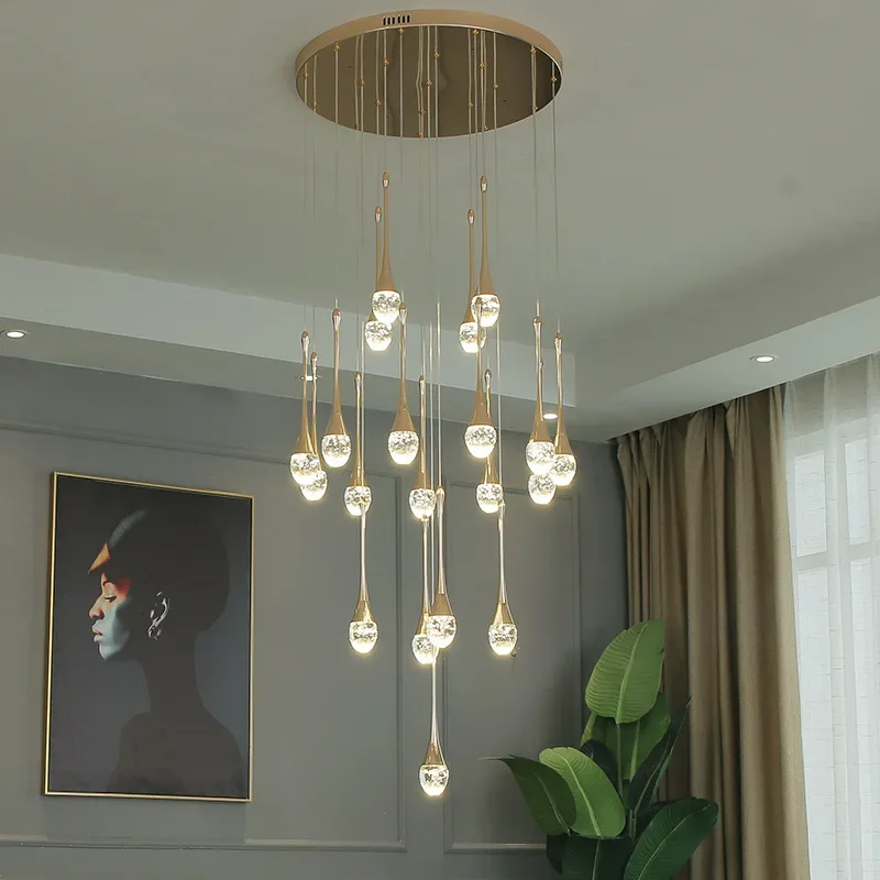 LuxRoyale Waterfall Gold LED Crystal Chandelier for Staircase Entryway