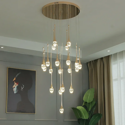 LuxRoyale Waterfall Gold LED Crystal Chandelier for Staircase Entryway