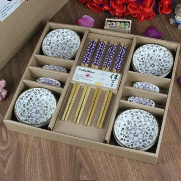 Royelux 12-Piece Japanese Cherry Blossom Ceramic Dinnerware Set with Chopsticks