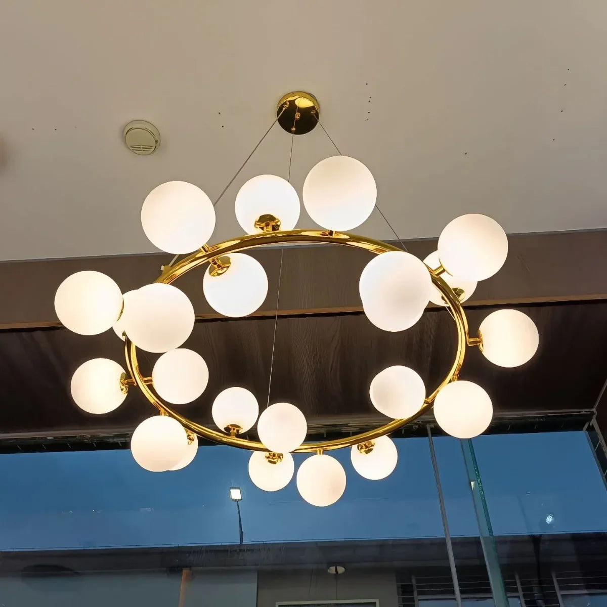 LuxRoyale Modern Gold Chandelier with White Glass Globes for Living Room