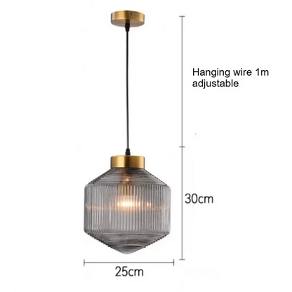 RoyaleGlow Modern Ribbed Glass Pendant Light with Brass Finish for Kitchen Island & Dining