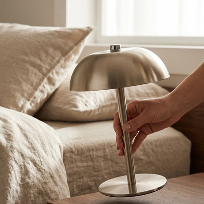 Royaleva Contemporary Brushed Steel Crescent Mushroom Table Lamp with Integrated LED