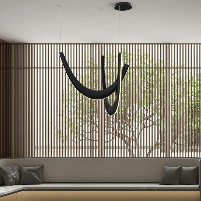 RoyaleGlow Modern Curved Wood LED Pendant Light - Artistic Dining Room Chandelier