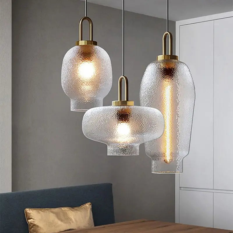 RoyaleGlow Mid-Century Textured Glass & Brass Pendant Light - Modern Ceiling Fixture