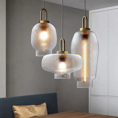 RoyaleGlow Mid-Century Textured Glass & Brass Pendant Light - Modern Ceiling Fixture