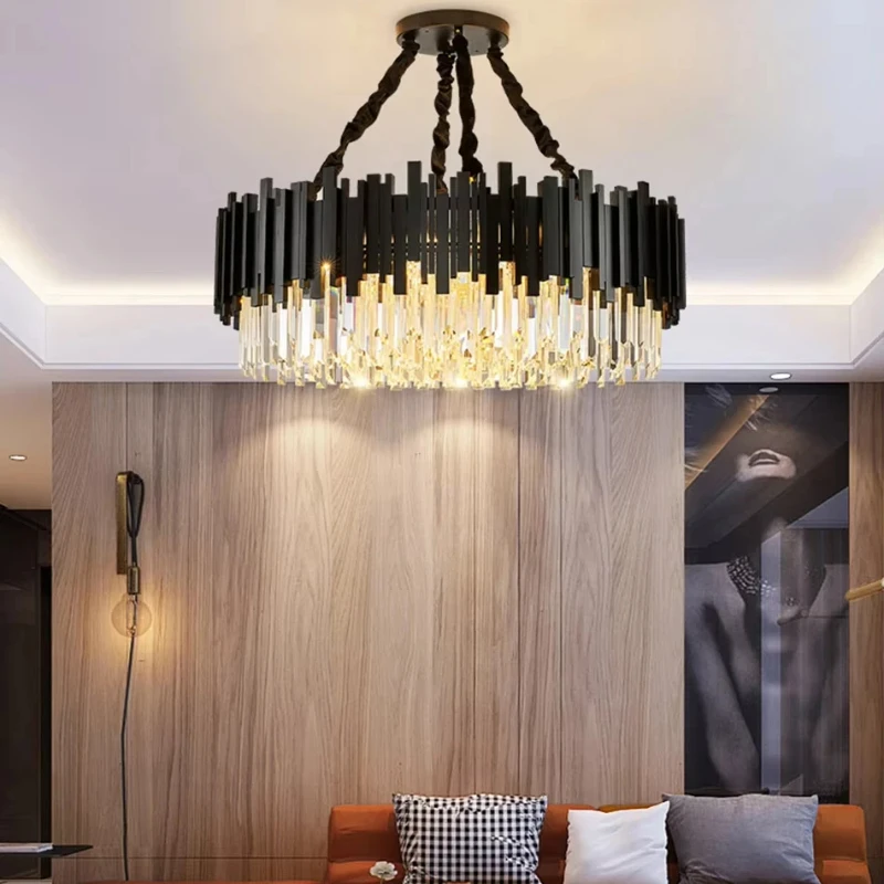 LuxRoyale Modern Black Chandelier with Clear Crystal Rods - Elegant Linear Lighting