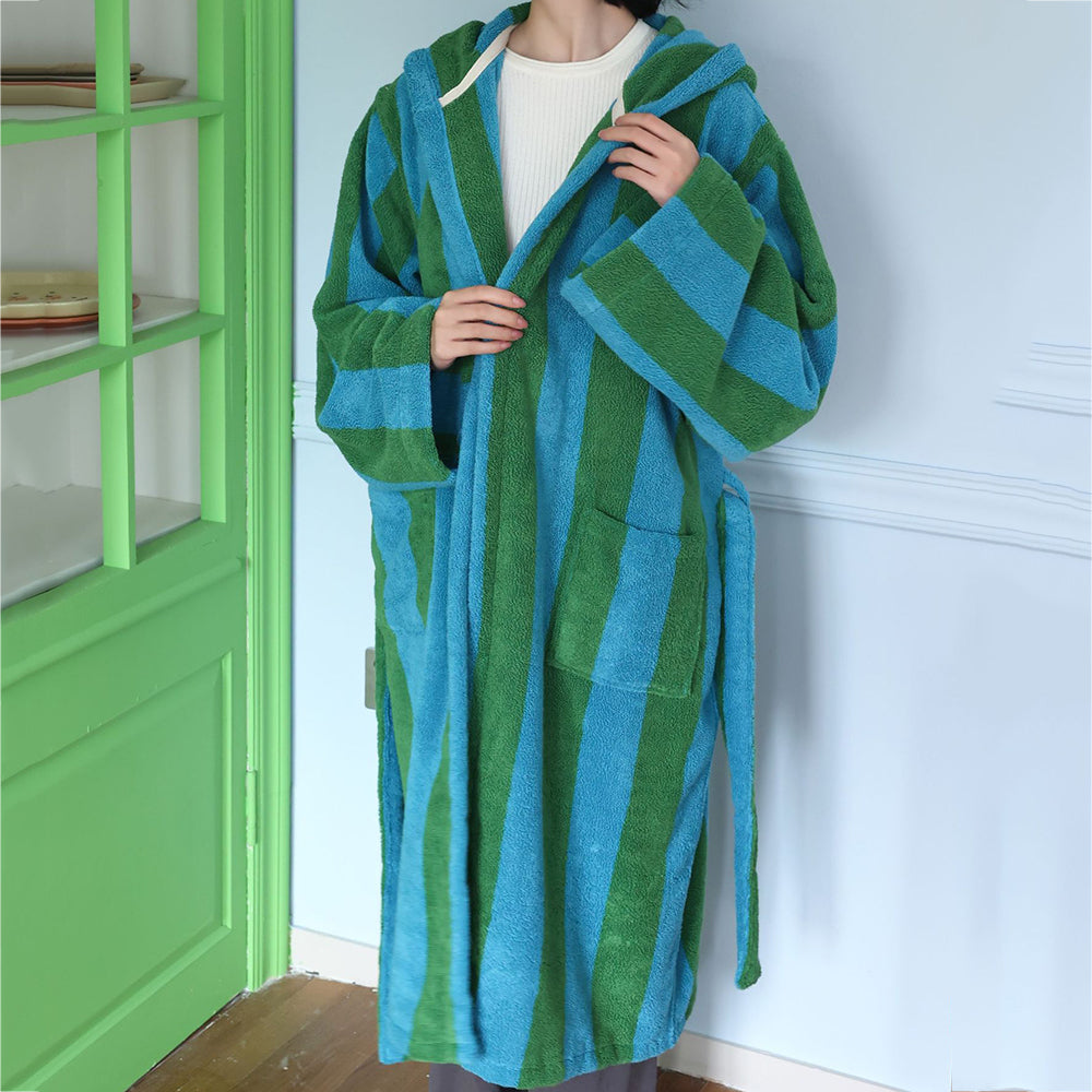 RoyaleGlow Organic Cotton Hooded Bathrobe Thick Striped Spa Robe