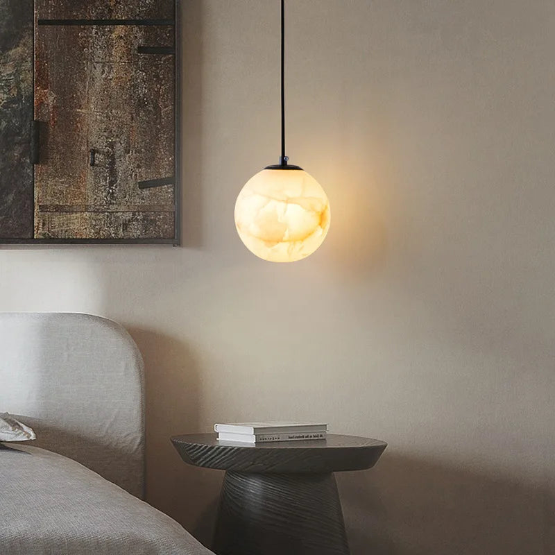 LuxRoyale Alabaster Globe Pendant Light In Black Or Brass Finish
