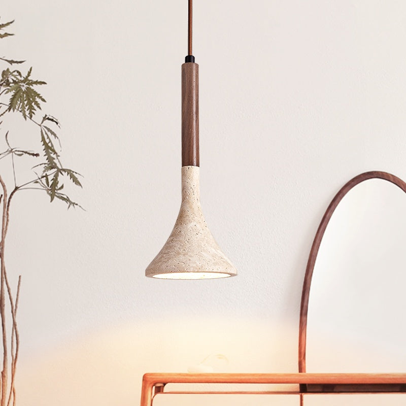 Royelux Travertine Cone Pendant Light with Walnut Wood Accent