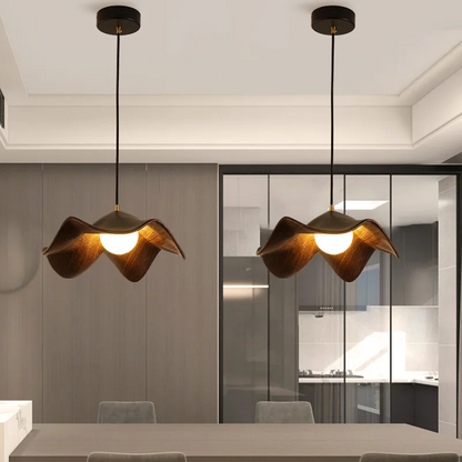 LuxRoyale Petal Wave Organic LED Pendant Light Lotus-Inspired Wood-Texture for Japandi Bedroom and Dining Room