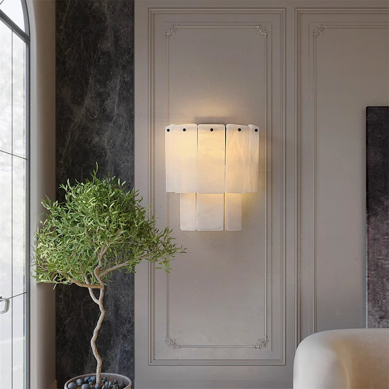 RoyaleGlow Modern Alabaster Wall Sconce - Luxury Layered Stone LED Light for Living Room