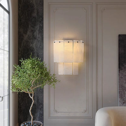 RoyaleGlow Modern Alabaster Wall Sconce - Luxury Layered Stone LED Light for Living Room