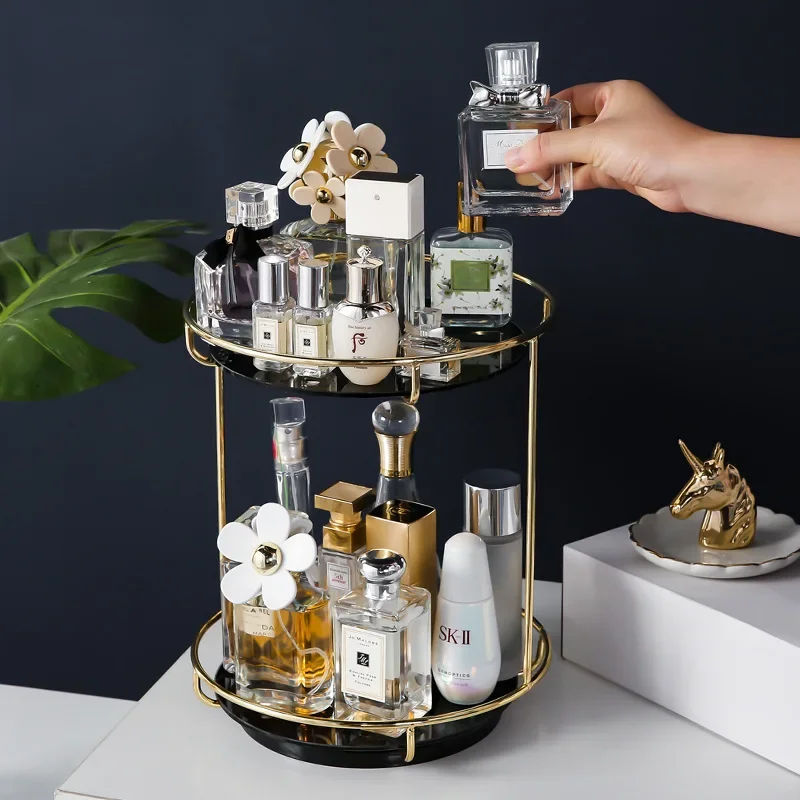 LuxRoyale 2-Tier 360 Rotating Gold Vanity Organizer for Perfume & Cosmetics