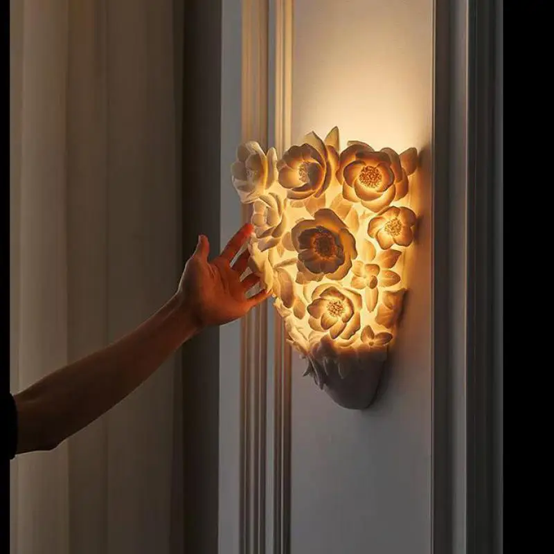LuxRoyale French Provincial Floral Rose Carved LED Wall Sconce - Resin Wall Lamp for Bedroom Living Room and Hallway