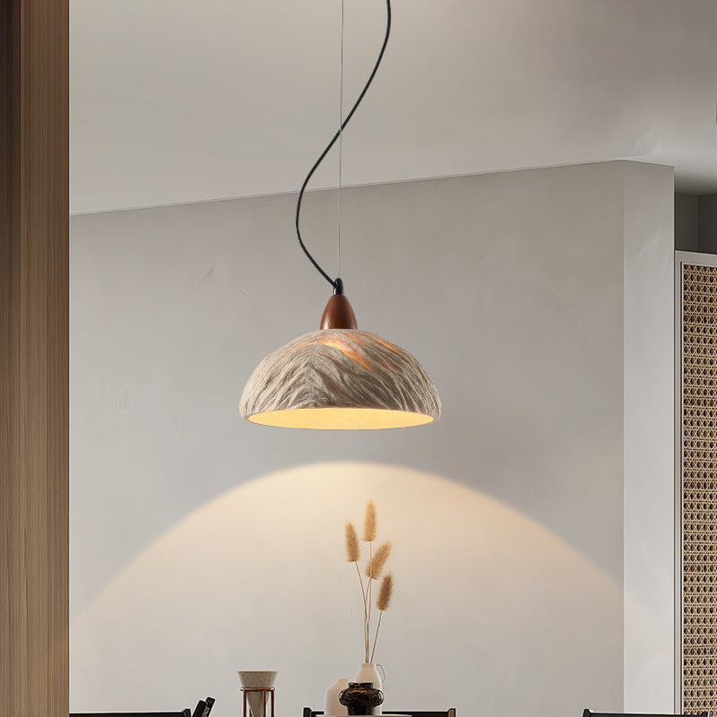 Lumora Terra Zen Pendant Light, Travertine Texture With Scalloped Edge And Walnut Accents For Japandi Modern Homes