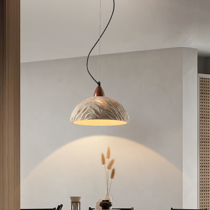 Lumora Terra Zen Pendant Light, Travertine Texture With Scalloped Edge And Walnut Accents For Japandi Modern Homes