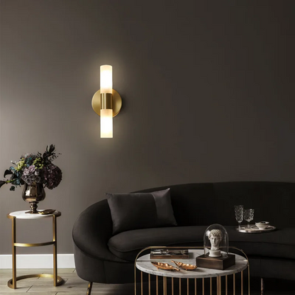LuxRoyale Etched Glass Cylinder Shade Brass Wall Lamp