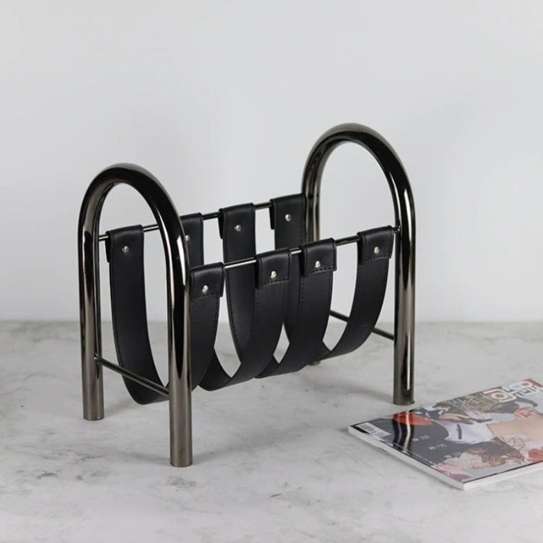 RoyaleGlow Modern Black Leather Magazine Holder with Metal Frame Storage Rack