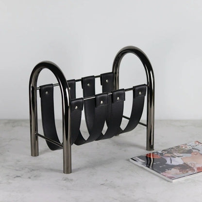 RoyaleGlow Modern Black Leather Magazine Holder with Metal Frame Storage Rack