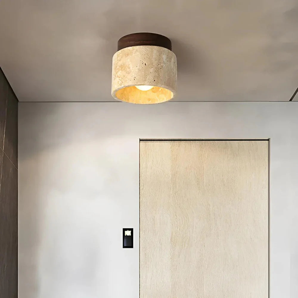 RoyaleGlow Japandi Travertine Wood LED Flush Mount Ceiling Light - Modern Minimalist