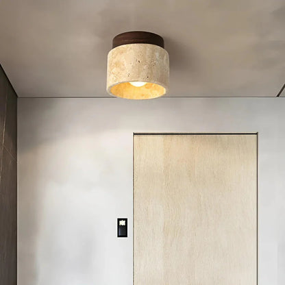 RoyaleGlow Japandi Travertine Wood LED Flush Mount Ceiling Light - Modern Minimalist