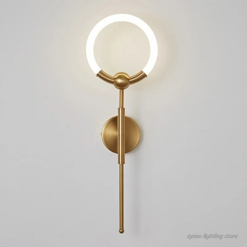 RoyaleGlow Modern LED Wall Sconce, Gold & Black Iron, Acrylic Circle Light for Bedroom
