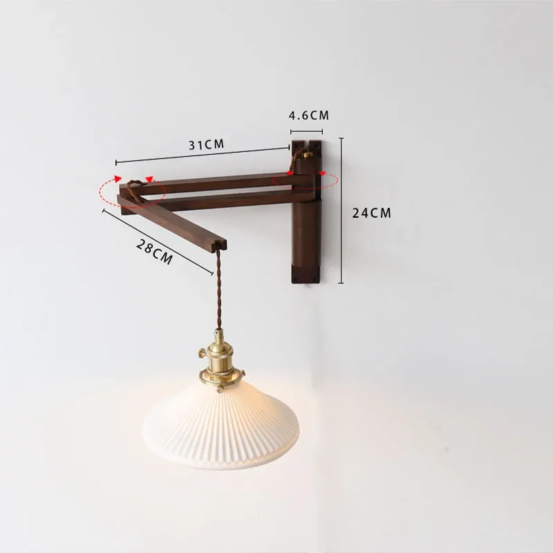 LuxRoyale Japanese-Style Walnut Folding Wall Sconce with Pleated Shade